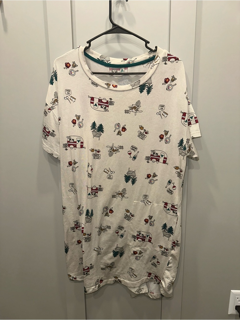 Secret Treasures Cream Camping Print Pajama Top with Red & Green Accents